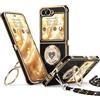 XYZ Cover per Samsung Galaxy Z Flip 5 / Flip 6 con Cordino, Nero | Custodia con Doppio Anello a Forma di Cuore e Supporto - Custodia Protettiva Lussuosa per Ragazze e Donne