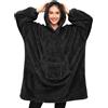 Tuopuda Felpa Donna Coperta con Maniche Felpe Plaid con Cappuccio Oversize Coperta Indossabile in Pile Pullover Blanket Hoodie Sherpa Fleece Felpa Gigante con Cappotto Pigiama Invernale, Nero