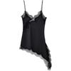Zanisouta Abito da donna elegante in pizzo, casual, camisole bicolore con imbottitura sul petto, Y2k, bordo in pizzo, canotta crop top con spalline sottili, orlo in seta, per feste, in raso, O nero