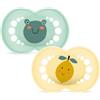 MAM Original Succhietto 6+ mesi, Set da 2 ciucci, Giallo/Verde | Con porta ciuccio sterilizzatore portatile, Tettarella ortodontica in silicone SkinSoft, Mascherina curva, Senza BPA/BPS
