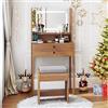 COSTWAY Toeletta Trucco con Luci LED e Sgabello Imbottito, Specchiera con Stazione di Ricarica e Luminosità Regolabile, Set Consolle Trucco con Piano in Vetro Temperato e 2 Cassetti (Naturale)