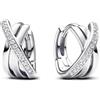 PANDORA Signature Orecchini a cerchio con incrocio con pavé in argento Sterling con zirconi cubici trasparenti