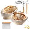 WANGDEFU Cestino da Lievitazione per Pane,2 Pezzi 10 Cesto in 100% Rattan Naturale | 700g impasto,con Tela di Lino,asta mescolare farina,per impasto di pane,pizza e pasticceria,Facile da pulire,Ovale+Rotondo