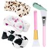 FUKPO 3 Pezzi Fascia Capelli Fiocco Donna con 2 Pennello Maschera in Silicone, FUKPO Bowknot Elastica Fascia per Trucco, Fascia Capelli Bagno per Ragazze Spa Doccia Corsa Yoga Lavaggio Viso