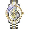 FORSINING Orologio da polso analogico al quarzo da uomo, con scheletro, in acciaio inox, quadrante di lusso, impermeabile, luminoso, Argento e oro., Bracciale
