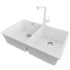 PRIMAGRAN Lavandino sottotop al Mobile 80cm + Rubinetto, 76x47cm | Set: Rubinetto BW3010 + Kit di scarico + Lavello in Granito a 2 vasche - London Twin, Bianco