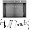 BoomHoze Lavello Nero Antracite 75 x 45 cm + Rubinetto cucina con Doccetta Estraibile Grigio Nero, Lavello Cucina con Gocciolatoio e Sifone, Lavello Cucina 1 Vasca Quadrata, Lavello Incasso con 2 Fori