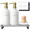 NEECZS Set di dispenser per sapone da cucina con vassoio ad asciugatura istantanea, dispenser per sapone per mani e piatti, in vetro bianco, pompa in acciaio inossidabile, etichette impermeabili e