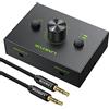 LiNKFOR Audio Stereo Switch da 3.5mm 2 x 1/1 x 2 Regolabile Volume con 3.5 mm Cavo Audio 1 in 2 out / 2 in 1 out 3.5 mm Audio Switch Bidirezionale con Pulsante Mute Commutatore Audio Stereo da 3.5mm