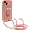 yanasuo Cover con Collana Compatibile con iphone 15 Plus, Cover con Pratico Cordino, Slidable Protezione Fotocamera Slot Carte 360° Anello Supporto, Pink
