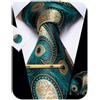 YourTies Cravatte di seta da uomo, motivo scozzese, motivo cachemire, con motivo floreale, gemelli quadrati e fermacravatta, set di fermacravatta per feste, Verde acqua oro floreale, One Size