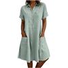 Generico Abiti in Lino per Donna Estate Manica Corta Scollo V Bottoni Midi con Tasche Morbido Coton Lin Chemisier Spiaggia S-3XL (Menta Verde, XXL)