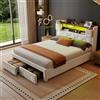 Ktipm Letto 140x200 cm con 2 Cassetti, Testiera con Porte USB e Luci LED | Letto Matrimoniale con Testiera Contenitore, Struttura Letti Matrimoniali con Doghe in Legno, Velluto, Senza Materasso, Beige
