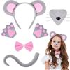 AOOWU 6 Pezzi Topo Costume Set, Costume Animale Set con Orecchie Fascia Coda Lunga Topo Cravatta Naso e Guanti, Costume da Topo per Bambino Fancy Dress Halloween Carnevale Festa Costume