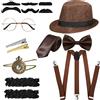 Blulu Set Accessori Costumi Uomo Anni '20 Costume da Gangster Retrò, Cappello, Papillon, Orologio, Bretella, Occhiali, Barba, Bracciale Reggicalze, Fermacravatte (Stile Semplice, Marrone)