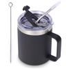 Volhoply Tazza termica da caffè da 350 ml, a doppia parete, isolata sottovuoto, in acciaio inox 18/8, con manico e cannuccia, per uso alimentare, calda e fredda, per ufficio, campeggio (nero, set da 1
