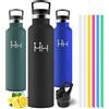 Motswedi Borraccia Termica 1 litro, con Cannuccia, Bottiglia Termica, Borraccia Acciaio Inox, 6*Cannucce, per Bevande Calde e Freddo per Campeggio, Palestra, Ciclismo, Nero