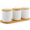 heavenlife Porta Sale e Zucchero, 3 Pcs Sale e Zucchero Barattoli, Zuccheriera in Ceramica, da 300ml con Cucchiaio e Coperchio in Legno per Condimento, Formaggio