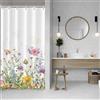 ASDCXZ Tenda da doccia con fiori 90 x 180 cm, primaverile, rosa, giallo, viola, fiori colorati, foglie verdi, lavabile, stretta, tenda da doccia in poliestere impermeabile per vasca da bagno con 6