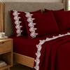 PETTI Artigiani Italiani - Set Lenzuola una Piazza e Mezza Percalle Cotone con Pizzo Macramè Bordeaux, Completo Letto 3 Pezzi, 100% Made in Italy
