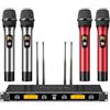 TONOR Microfono wireless UHF in metallo, 4 professionale dinamico doppio microfoni senza fili, sistema mic a mano, 4x5 Canali, per karaoke, feste, DJ, chiesa, matrimonio, 90m,Argento e Rosso,TW820