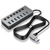 CERRXIAN Hub USB a 7 porte in alluminio ad angolo retto 90° con cavo lungo 1,5 m, porta ad alta velocità USB 3.0 + 6 porte USB 2.0 con indicatori LED indipendenti