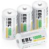 EBL 4 x Batterie D Ricaricabili 10000mAh Alta Capacità 1.2V Ni-MH, HR20 Pile Ricaricabili Auto-Scarica Bassa