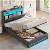 AOGLLATI AGOLLATI Letto Singolo con Contenitore, Letto 90 x 200 cm, Grigio Scuro | Sollevamento Idraulico, Illuminazione a LED, Stazione di Ricarica ( 3 USB+1 Tpye-C ), Testiera Imbottita con Contenitore