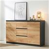 [en.casa] Credenza Mobile Contenitore con 2 Ante e 3 Cassetti Comò con Vani Ripiani Chiusi Madia per Soggiorno Sala da Pranzo Ingresso 120 x 35 x 75 cm - Nero/Effetto Rovere Rustico