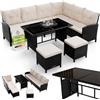 Juskys Lounge Manacor in polyrattan nero - Salotto da giardino con divano, tavolo, 2 sgabelli e cuscini - Set di mobili da giardino fino a 7 persone - Coprisedili color crema