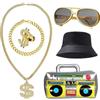 Hpbaggy 6 Pezzi Costume Hip Hop con Cappellino/Catena da Dollari/Anello Dollaro/Braccialetto Oro/Occhiali Dorati/Radio Gonfiabile,Accessori Rapper 80/90s per Carnival