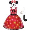 ACWOO Ragazza Minnie Pois Abito da Principessa Costumes, 4 Pezzi LED Luminoso Costume da Principessa con Naso, Fascia per Orecchie, Coda, Vestito Minnie Bambina per Carnevali, Halloween, Natale
