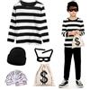 Xerteam Costume da ladro per bambini, costume da rapinatore, costume da ladro con parte superiore a righe, berretto lavorato a maglia, maschera, borsa per banconote, costume di carnevale per cosplay