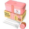 Umami Porta Pranzo Adulti Ermetico, Bento Box con Scomparti e 4 Posate | 900 ml, impilabile e componibile, microonde e lavastoviglie, ideale per ufficio, picnic, schiscetta Corallo Rosa