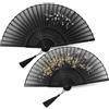 FANSOF.FANS Ventaglio pieghevole in seta nera con stampa a fiori bianchi, stecche in bambù e sacchetto, elegante ventaglio di raffreddamento portatile per donne, matrimoni, danza, cosplay ed estate (2
