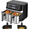 Emphsism Friggitrice Ad Aria 9L | Friggitrice Aria Doppio Cestello con 2x4,5L Cestello, 8-in-1 Airfryer Controllo Indipendente Temperatura 50-200℃, Grande Doppia Zona 2600W Air Fryer LED Schermo Touch Timer