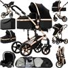 Reenborn Passeggino Trio, Passeggino 3 in 1 con Due Modi Reversibili Spingere, Trio con Design Pieghevole in Un Clic, Trio Passeggino Neonati con Telaio Alluminio Paesaggistico Alto (588 Black Gold)
