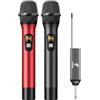 TONOR Microfono Senza Fili, UHF Sistema Microfonico Dinamico a Doppio Cordless in Metallo con Ricevitore Ricaricabile, Set di Microfoni Wireless per Canto Karaoke, DJ, Festa, 60m, Nero e Rosso, TW630