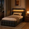 DULRLLY Letto imbottito 90 x 200 cm con cassapanca per letto singolo con illuminazione a LED, porta USB e testiera con spazio portaoggetti e ripiano aperto, letto per adolescenti, letto portaoggetti e