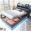 Ktipm Letto Singolo Bambini Imbottito 90x200 cm con LED e USB, Struttura Letti Singoli Idraulico, Letto Singolo Contenitore con Testiera a Contenitori/Doghe di Legno, Lino, Senza Materasso, Grigio