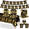 MORAINJAY 70 Pezzi Stoviglie Festa 90 Anni Oro Nero | Piatti Carta, Bicchieri, Tovaglioli E Striscione, Decorazioni Da Tavola Per Festa 90 Compleanno