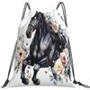 Dusviba Zaino con coulisse con fiore di cavallo nero acquerello | Borsa da palestra leggera in poliestere resistente all'acqua per sport, viaggi, scuola, yoga, spiaggia, shopping