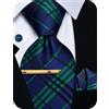 YourTies Set di cravatte da uomo con motivo cachemire floreale, in seta, fazzoletto quadrato e gemelli per matrimonio, feste, affari, plaid blu verde, One Size