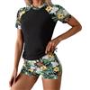 Generic Costume da bagno a due pezzi con pantaloncini da bagno a taglio alto, tankini, top a maniche lunghe, maglietta rashguard per vacanze, set da surf ideale per le donne, verde, L