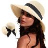 DRESHOW Cappelli da Sole per Donna Fedora da Viaggio Pieghevole da Spiaggia Cappello da Sole Sstivo a Tesa Larga in Paglia con Fiocco UPF 50+
