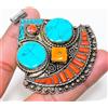 Fatto a mano Ciondolo vintage Nepal 2,8" corallo turchese naturale grosso tribale etnico N...