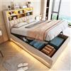 Kebnor Letto imbottito con spazio idraulico, striscia luminosa LED controllata da app, porta di ricarica USB, rete a doghe in metallo, imbottitura in lino (beige, 140 x 200 cm)