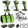 Greenworks 24V 4pcs combo (Trapano 45 Nm + Avvitatore a percussione 220 Nm + Sega circolare 165mm + Torcia 200 lumen), batterie USB-C da 4,0 Ah e 2,0 Ah, 2 cavi, caricatore rapido 65 W CK341