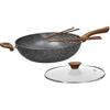 Tognana Stone & Wood, wok oriental con griglia e coperchio in vetro 32 cm + 4 bastoncini in legno, alluminio, grigio