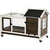 PawHut Conigliera in Legno con Ruote Casetta Porte 108x58x73.5 cm Marrone | Da Interno ed Esterno, Gabbia per Conigli, Recinto, Tetto Apribile, Vassoio Estraibile